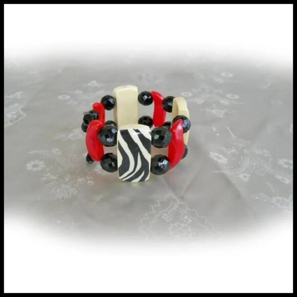 Retro Zebra Bangle Wide Bracelet Recycled Vintage One of a Kind Summer Jewelry - Picture 3 of 9